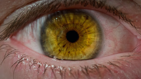 Beautiful male brown eye blinking and mindful looking next to the camera, extreme close up low angle...