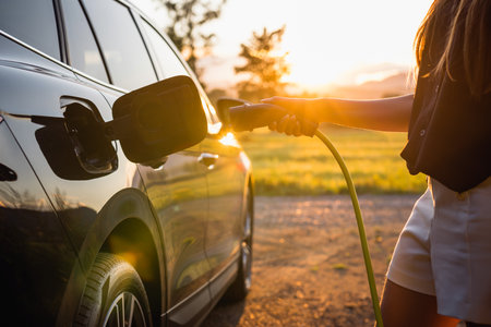 Female hand putting a cable charger in an electric car illuminated by the sun rays breaking through the branches of the leafy tree, close upの写真素材