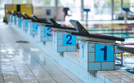 Empty sport competition swimming pool with lanesの写真素材