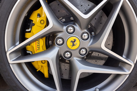 Slovenia, Ljubljana - 2 June 2022: Red Ferrari F8 Tributo Italian luxury sports car rim wheelsのeditorial素材