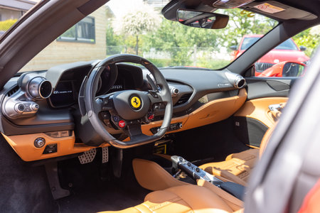 Slovenia, Ljubljana - 2 June 2022: Red Ferrari F8 Tributo Italian luxury sports car interiorのeditorial素材