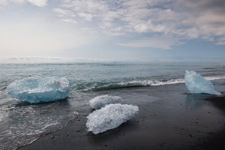 Iceberg pieces from a glacier calving into the ocean on a fabulous black sand beach in Iceland....