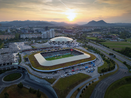 Ljubljana Stozice, Slovenia - 19 June 2023: Football stadium and arena, aerial view