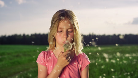 Portrait of an adorable kid girl blowing dandelions in beautiful nature. Play, joy and children...