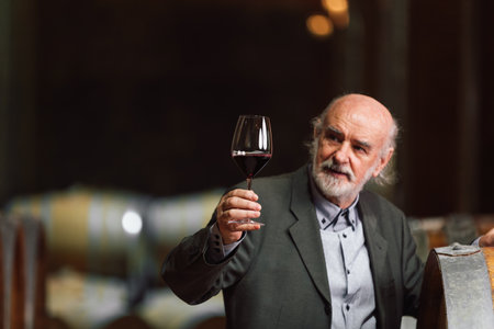Caucasian senior man in a suit, standing in an old wine cellar with wooden barrels, expertly tasting red wine, checking a color, smell, and tasteの写真素材