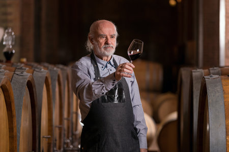 Caucasian senior graybeard winemaker tasting red wine to ascertain their quality and flavor, standing near a big oak barrelの写真素材