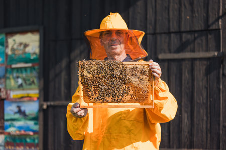 Portrait of a Caucasian man, beekeeper in yellow protective gear holding a hive frame covered with...