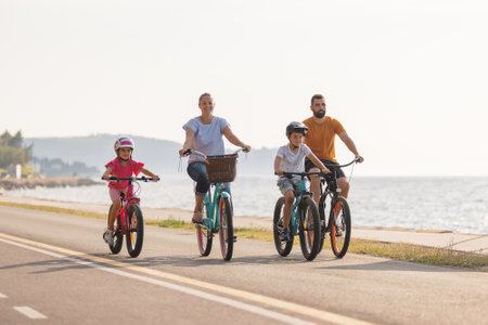 Two kids, with helmets on their heads, and smiling parents riding bikes on a family-friendly cycle route along a sea coastline, front view.の写真素材