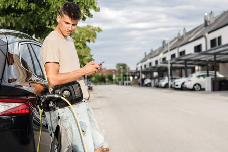 Young man charging her elegant black EV car at a public electric station in the neighborhood. Green...