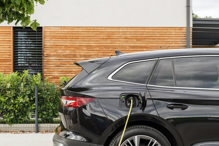 Charger plugged into electric car parked on the public street. Urban city living concept.の写真素材