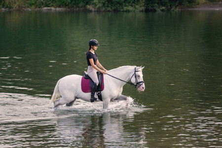 White horse with a female rider in the saddle walking through river water. Ecotourism and equestrian...