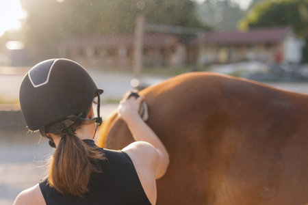 Pretty young woman with a riding helmet brushing her beautiful red horse before ride in nature. Grooming time concept.の写真素材