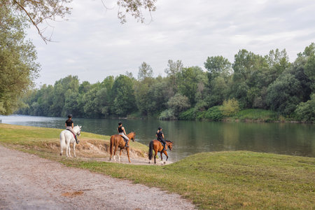 Three female riders enjoying riding horses in the beautiful nature, stepping down to the river water. Leisure and recreational riding concept.の写真素材