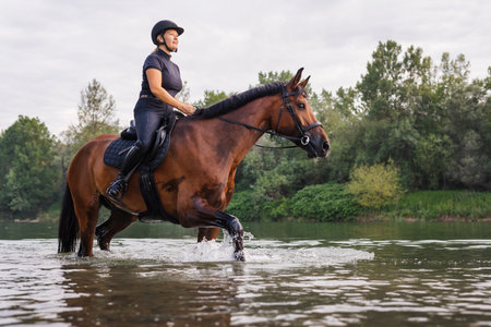 Female horseback rider in a black jockey outfit riding a chestnut horse along the river at sunset. Recreation, equitation, and nature concept.の写真素材