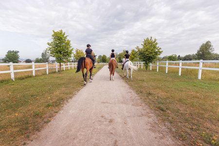 Horsewomen riding beautiful horses along the trail on a bright summer day. Horse gait walks concept.の写真素材