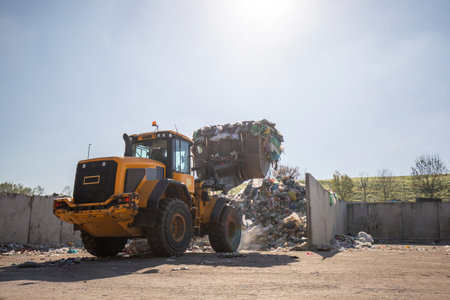 Heavy construction machine, front end loader moving along recycling center area, close up view. Waste management industry concept.の写真素材