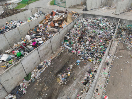 Waste transfer station, a drop off point for waste taken to a final disposal site, material recovery facilities, recycling center, aerial shot.の写真素材