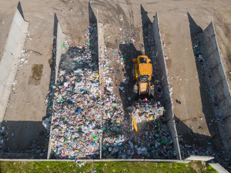 Landfill site, a pile of different junk disposal in the concrete section for unsorted waste materialsの写真素材