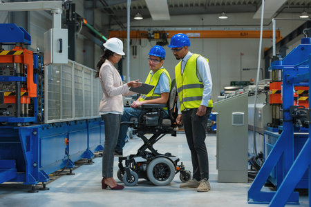 Female manager talking with two workers on the factory line, including one with a disability, about...