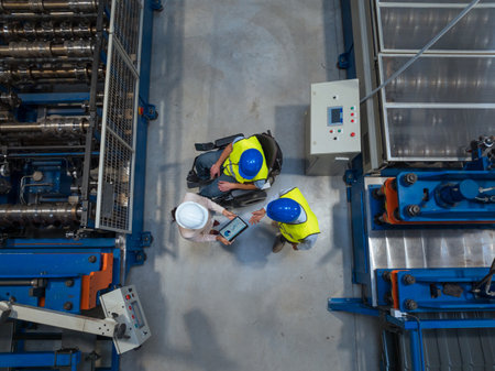 Female manager talking with two workers on the factory line, including one with a disability, about the production process, aerial shot.の写真素材
