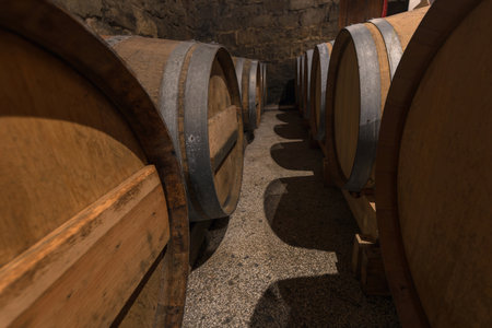 Wine cellar, underground cool dry stone walls storage room, with authentic old oak barrels and casks for wine agingの写真素材