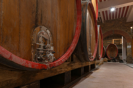 Wooden barrels for white and red wine aging, in rows and stacked, with golden and red written numbersの写真素材