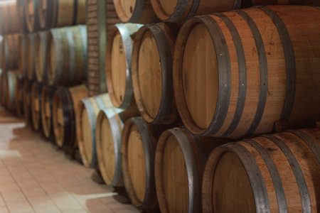 The ambiance of the traditional wine cellar, aging red wine barrels, wooden casks in rows in the...
