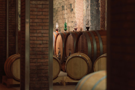 Wine cellar, underground cool dry stone walls storage room, with authentic old oak barrels and casks for wine agingの写真素材