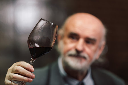 Senior man in a suit, standing in an old wine cellar with wooden barrels, expertly tasting red wine, checking a color, smell, and tasteの写真素材