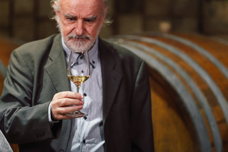 Senior man in a suit, standing in an old wine cellar with wooden barrels, expertly tasting wine, checking a color, smell, and tasteの写真素材