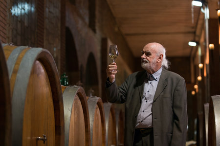 Senior Caucasian tourist, greybeard elegant man tasting red wine in an underground wine cellar of...
