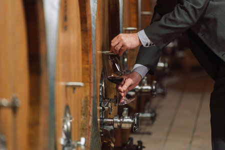 Senior Caucasian tourist, greybeard elegant man tasting red wine in an underground wine cellar of...