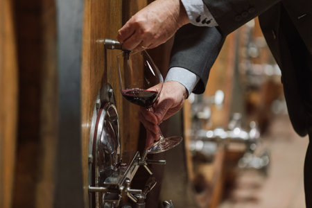 Senior man winemaker at winery checking barrels in wine cellar.の写真素材
