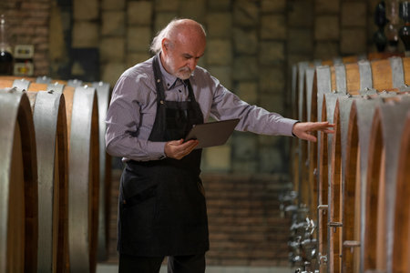 Caucasian senior man, a graybeard winemaker with apron checking big wooden barrels in a wine cellar...