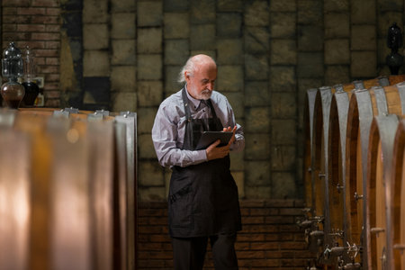 Caucasian senior man, a graybeard winemaker with apron checking big wooden barrels in a wine cellar...
