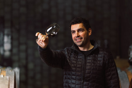Man tasting red wine in a winery barrel cellar, holding a wine glass, swirling it, smelling, and sipping wine, delighted with wine taste and flavor.の写真素材