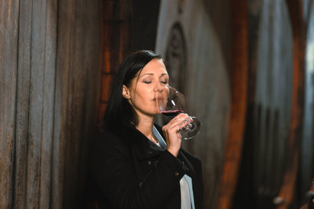 Woman in the wine cellar with barrels in background drinking and tasting wine.