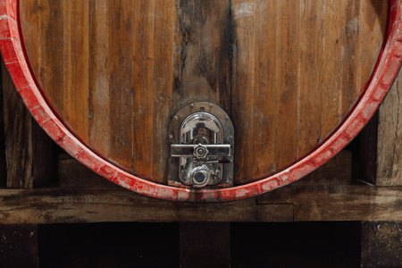 The ambiance of the traditional wine cellar, aging red wine barrels, wooden casks in rows in the...