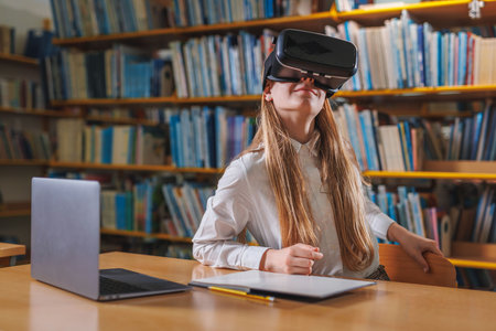 Teenage girl using a laptop and virtual reality glasses while studying in the school library....