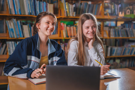 Two girl students sitting in the library and using a laptop during virtual online lessons. Internet, education, and e-learning concept.の写真素材