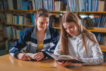 Two smiling female teenagers chatting while sitting and studying in the school library. Learning and literacy concepts.の写真素材
