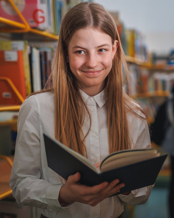 Schoolgirl searching and choosing books from a bookshelf in the library. Education, literature, and new edition concepts.の写真素材