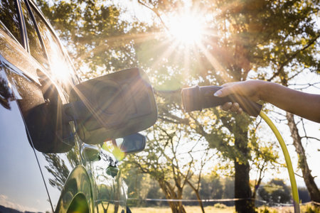 Female hand plugging in a charger in opened charging socket on a black electric car, with the sun shining through a green treetop in the backgroundの写真素材