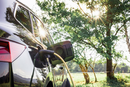 Power cable connected with a charger plugged into a black electric car, sun, and tree in the background, close upの写真素材