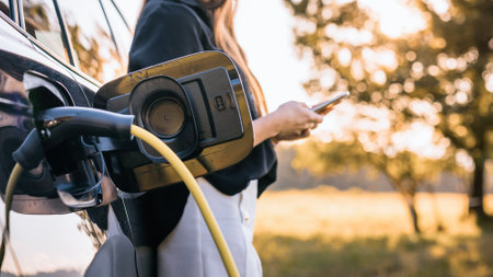Girl charging electric car parked in the nature area and adjusting an EV charging app on smartphoneの写真素材