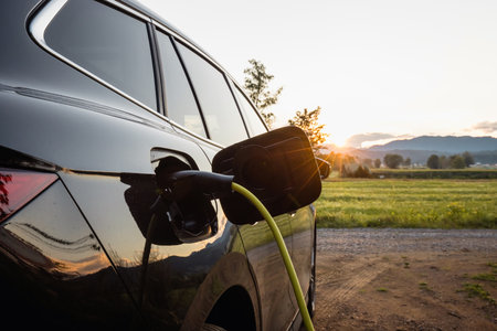 Power cable connected with a charger plugged into a black electric car, sun, and tree in the background, close upの写真素材
