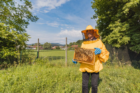 Beekeeper in yellow protective gear holding hive frame with honeycomb, showing capped honey and...