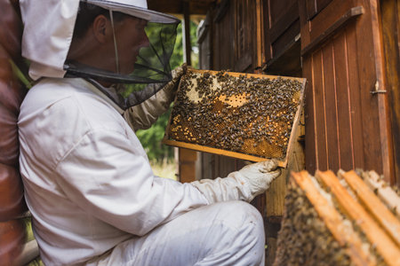 Beekeeper in protective gear, holding a wooden hive frame with worker bees and honeycomb. Beekeeping...