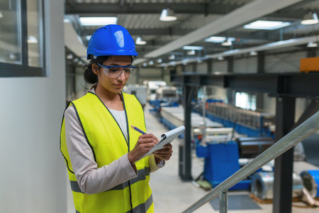 Indian woman in a blue helmet and yellow vest, worker in an industrial unit checking a work process, portrait. Industry, people, and career concepts.の写真素材