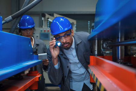 Engineers check control heavy machinery in Industrial factory for maintenance and safety.の写真素材